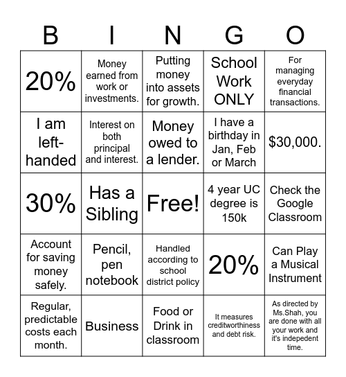 Finance Bingo Card