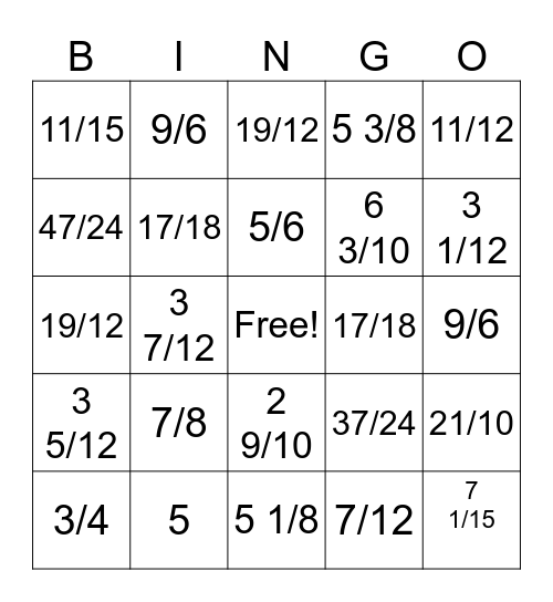 Adding Fractions Bing Bingo Card