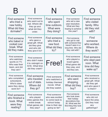 Welcome Back from Winter Break! Bingo Card
