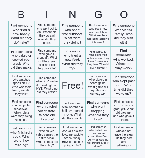 Welcome Back from Winter Break! Bingo Card