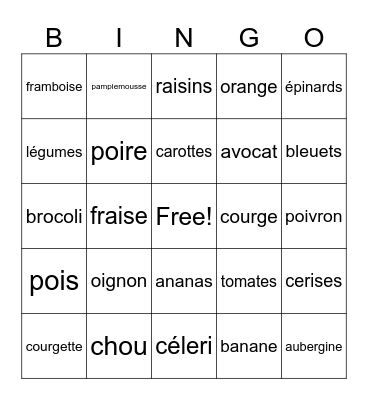 Les fruits et les légumes Bingo Card