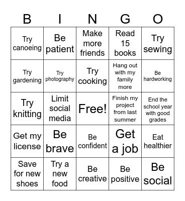 2025 Goals Bingo Card