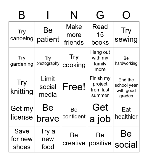 2025 Goals Bingo Card