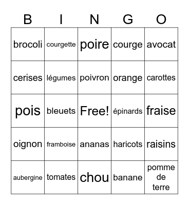 Les fruits et les légumes Bingo Card