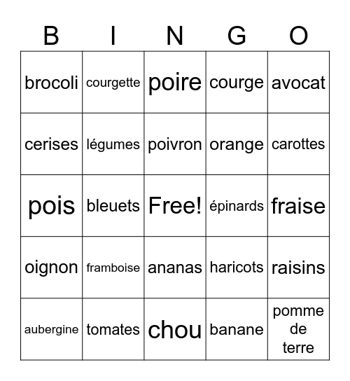Les fruits et les légumes Bingo Card