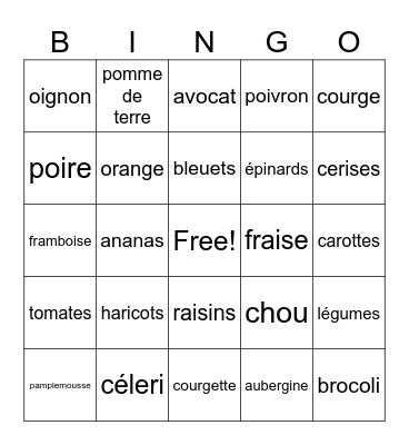 Les fruits et les légumes Bingo Card