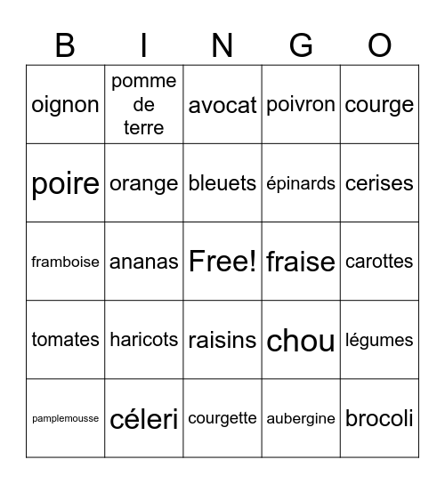 Les fruits et les légumes Bingo Card