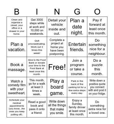 January Wellness Bingo Card