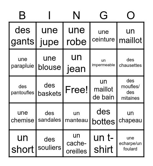 Les vetements Bingo Card