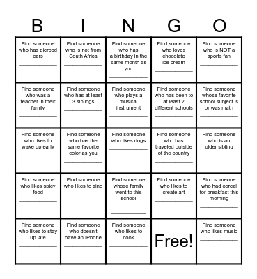 Find a Friend Bingo Card