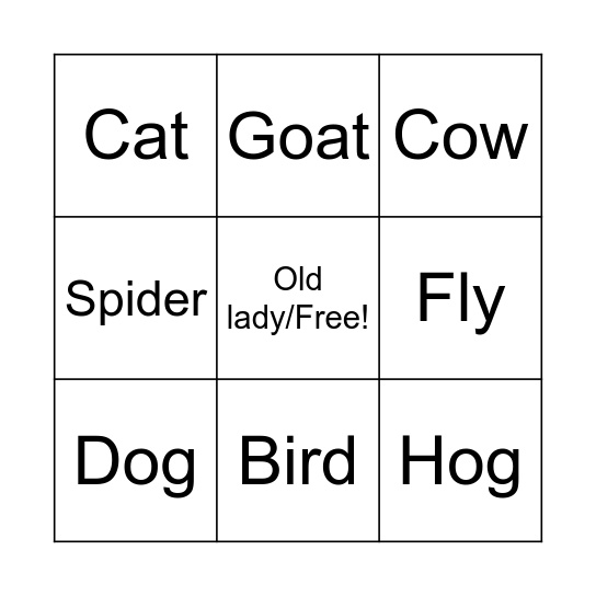 there was an old lady who swallowed a fly! Bingo Card