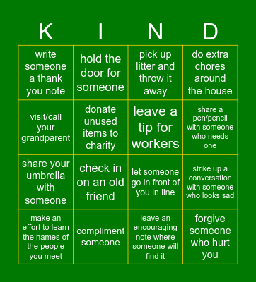 Random Acts of Kindness Bingo Card