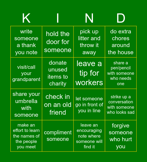 Random Acts of Kindness Bingo Card