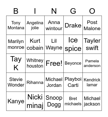 Celebrity Death Bingo Card