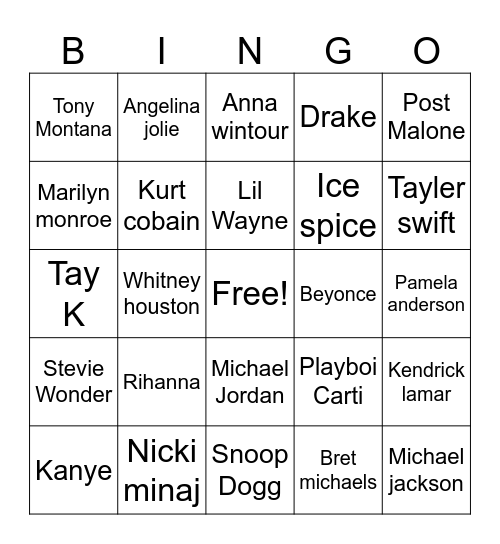 Celebrity Death Bingo Card