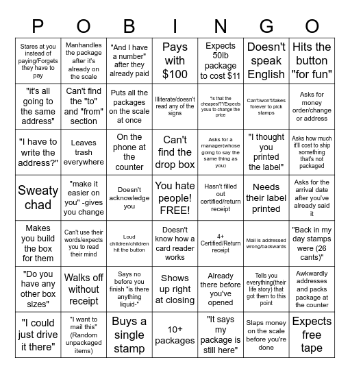 Post Office Bingo Card