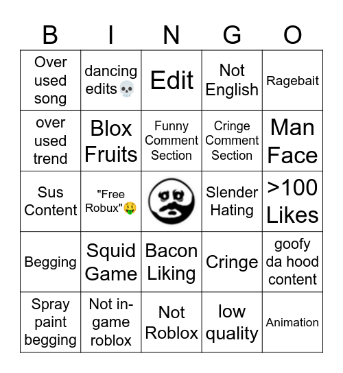 Cringe Roblox Shorts Bingo Card