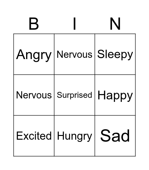 Emotions Bingo Card