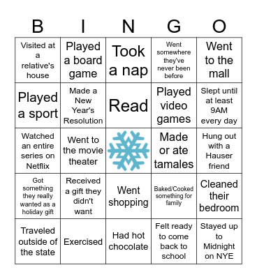 Human Bingo - Winter Break Edition Bingo Card