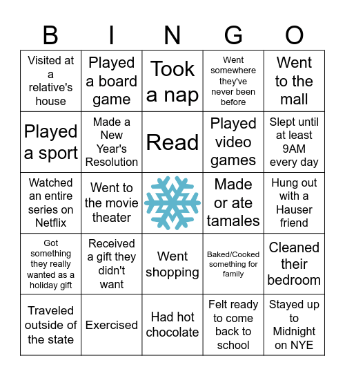 Human Bingo - Winter Break Edition Bingo Card