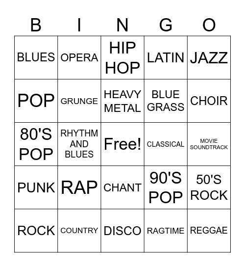 Music Genre Bingo Card