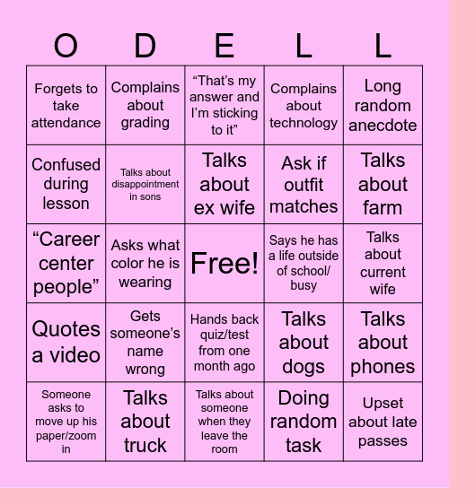 ODELL Bingo Card