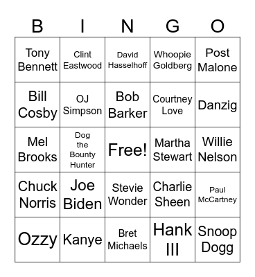 Celebrity Death Bingo Card