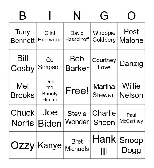 Celebrity Death Bingo Card