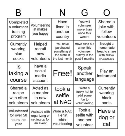 Volunteer Bingo Card