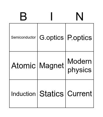 physics Bingo Card
