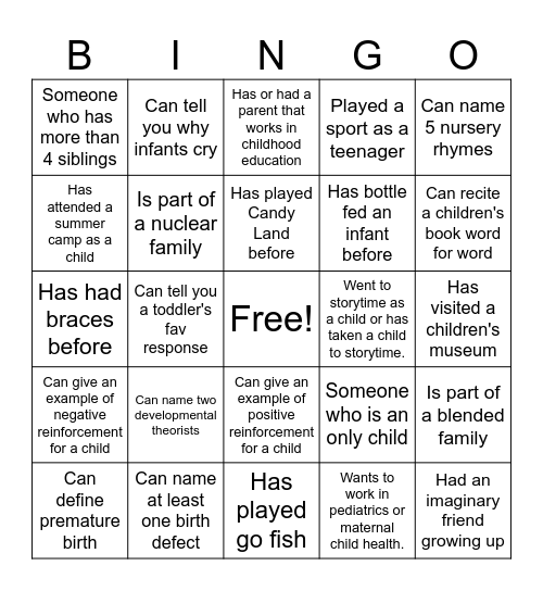 Growth and Development Bingo Card