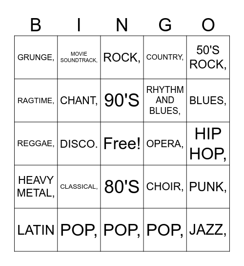 MUSIC GENRE Bingo Card