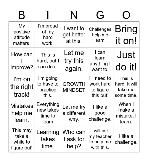 Growth Mindset Bingo Card