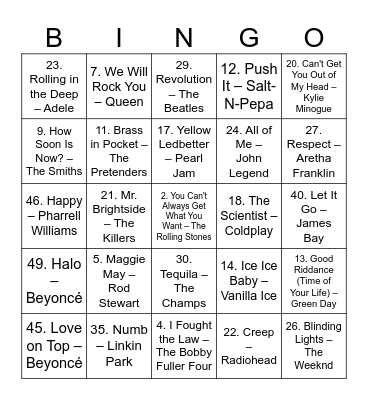 B sides Bingo Card