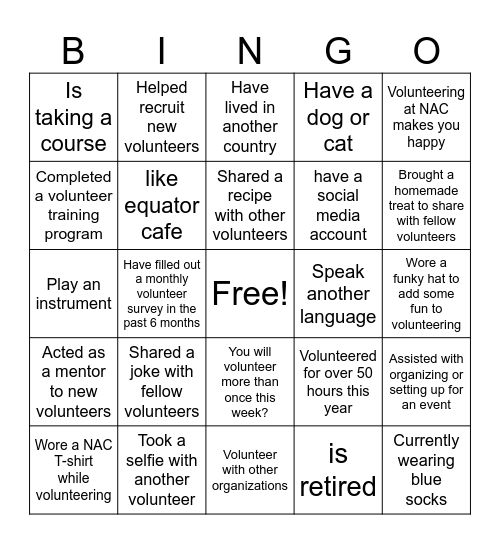Volunteer Bingo Card