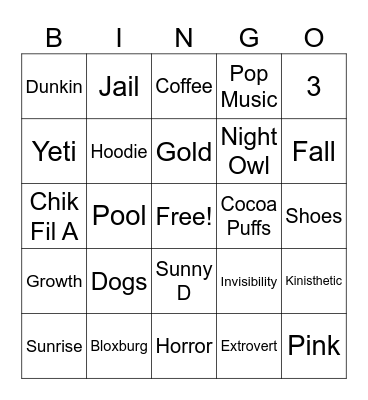 Grace Carey Personality Bingo Card