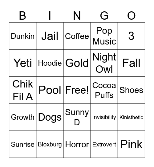 Grace Carey Personality Bingo Card