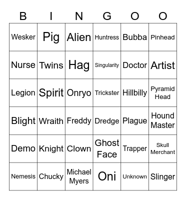 DBD Killer Bingo Card