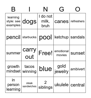 Personality Bingo Card