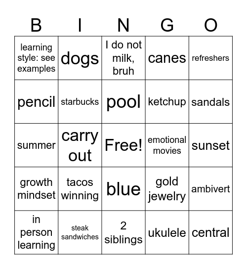 Personality Bingo Card