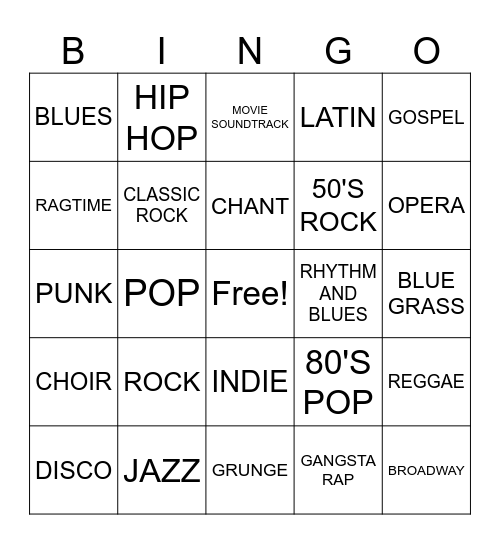 MUSIC GENRE Bingo Card