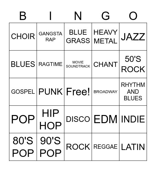 MUSIC GENRE Bingo Card