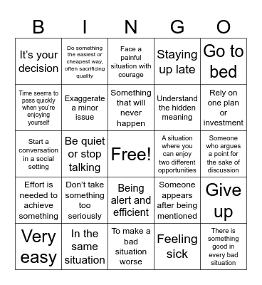 Fun with Idioms Bingo Card