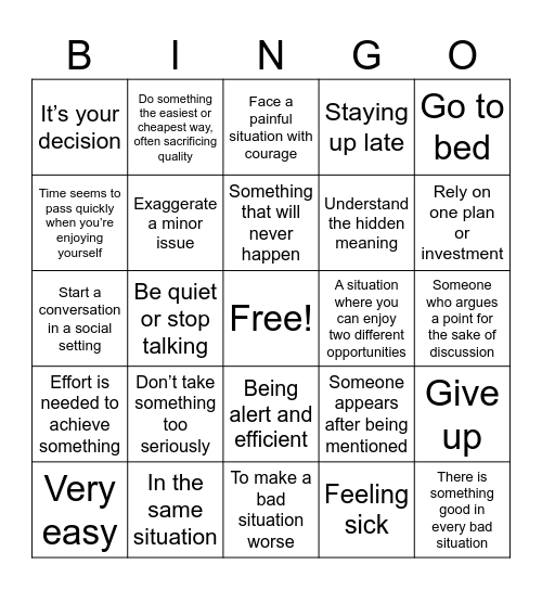 Fun with Idioms Bingo Card