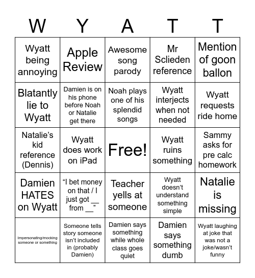 8th Period WYATT Bingo Card