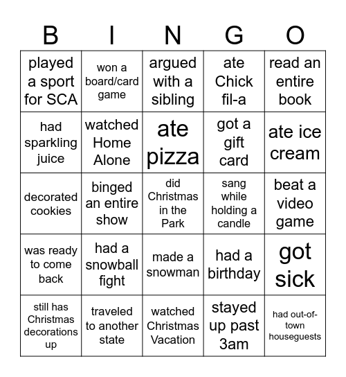 Find someone who (Christmas break edition) Bingo Card