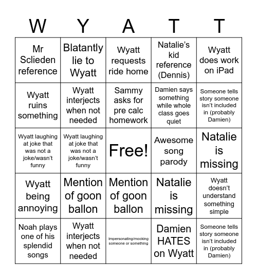 8th Period WYATT Bingo Card