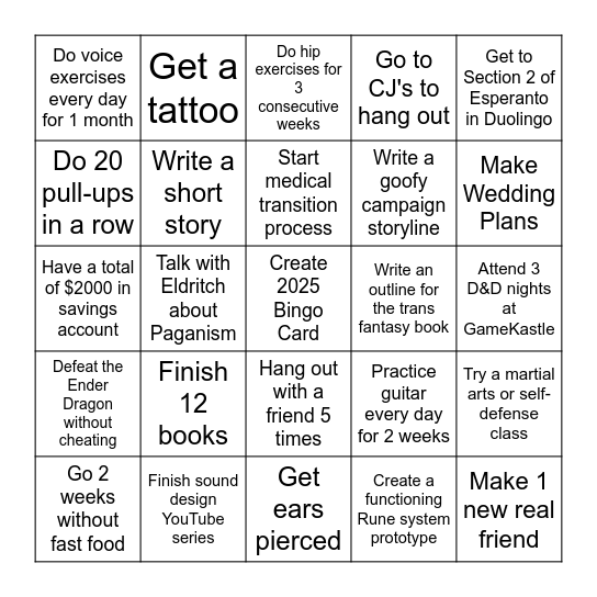 2025 Goals Bingo Card
