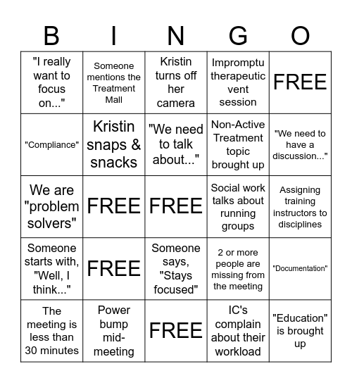 Active Treatment Planning Bingo Card