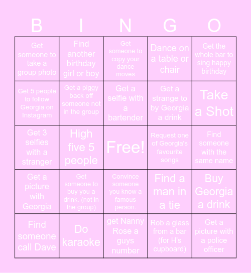 Georgia's Bar Bingo Card